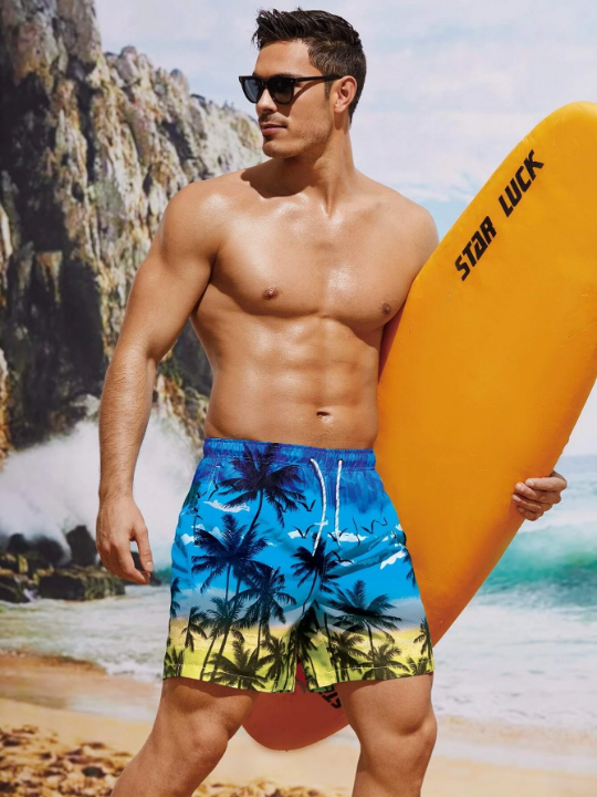 Manfinity Swimmode Men Coconut Tree Print Drawstring Waist Swim Trunks