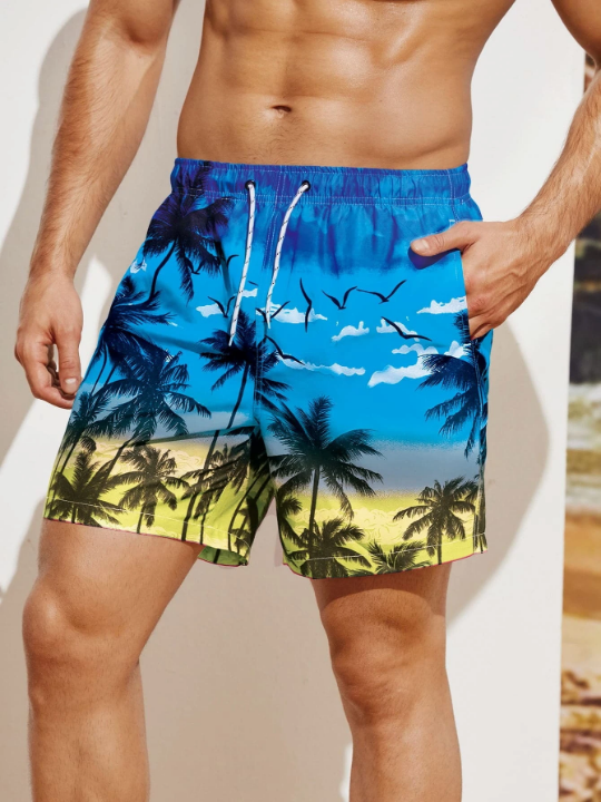 Manfinity Swimmode Men Coconut Tree Print Drawstring Waist Swim Trunks