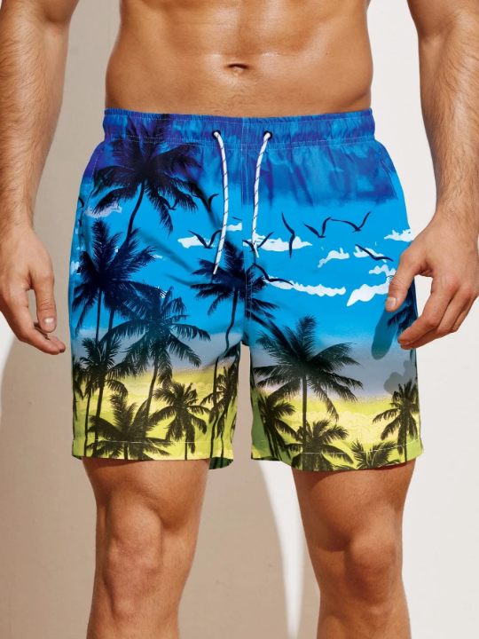 Manfinity Swimmode Men Coconut Tree Print Drawstring Waist Swim Trunks