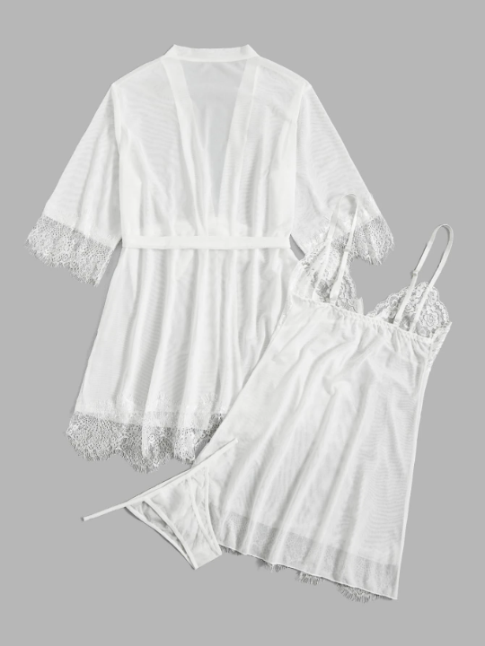 Classic Sexy 3pack Eyelash Lace Panel Belted Mesh Lingerie Set