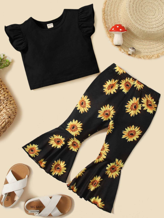 Baby Ruffle Sleeve Tee & Sunflower Print Flare Leg Pants