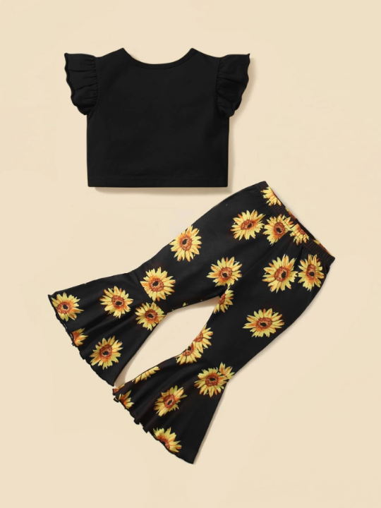 Baby Ruffle Sleeve Tee & Sunflower Print Flare Leg Pants