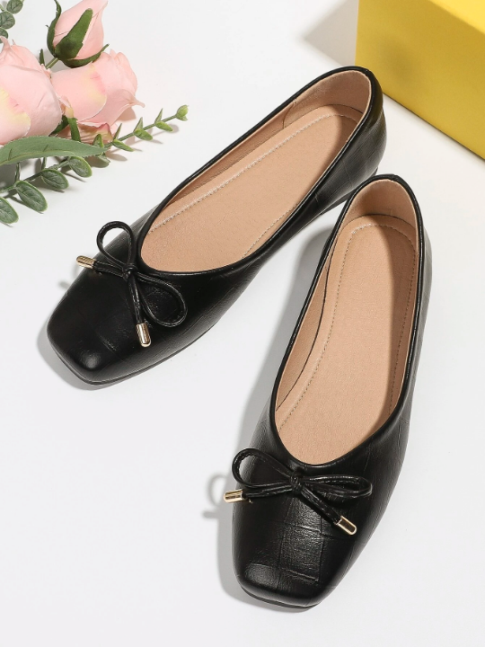 Crocodile Embossed Bow Decor Ballet Flats, Black Elegant Bowknot Solid Color Ballet Flats For Women