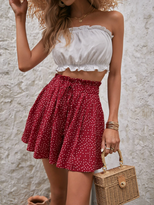 Frenchy Polka Dot Paper Bag Waist Knot Front Shorts