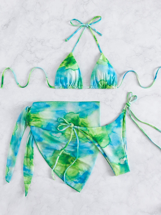 Swim Vcay Tie Dye Bikini Set Halter Micro Triangle Bra Top & Tie Side Bikini Bottom & Cover Up Skirt 3 Piece Bathing Suit