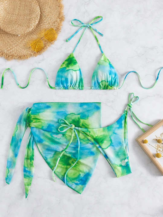 Swim Vcay Tie Dye Bikini Set Halter Micro Triangle Bra Top & Tie Side Bikini Bottom & Cover Up Skirt 3 Piece Bathing Suit