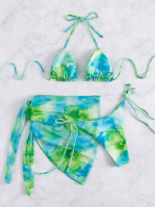 Swim Vcay Tie Dye Bikini Set Halter Micro Triangle Bra Top & Tie Side Bikini Bottom & Cover Up Skirt 3 Piece Bathing Suit