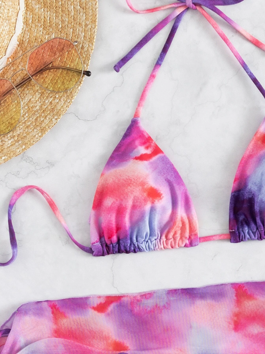 Swim Vcay Tie Dye Bikini Set Halter Triangle Bra Top & Tie Side Bikini Bottom & Cover Up Skirt 3 Piece Bathing Suit