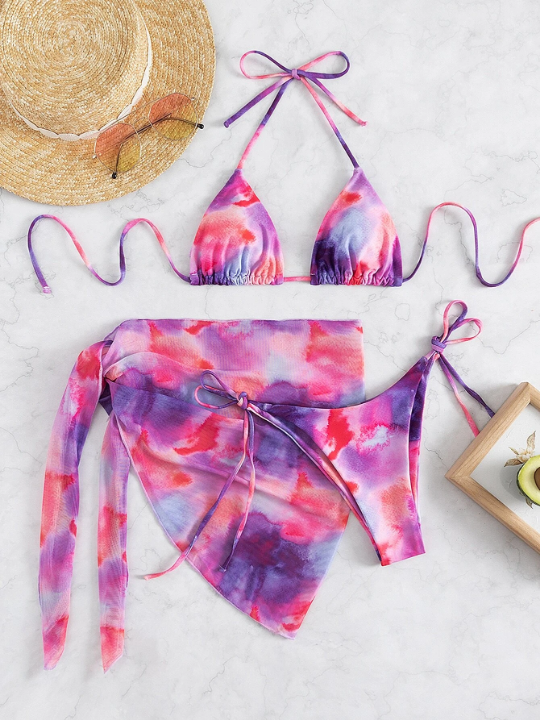 Swim Vcay Tie Dye Bikini Set Halter Triangle Bra Top & Tie Side Bikini Bottom & Cover Up Skirt 3 Piece Bathing Suit