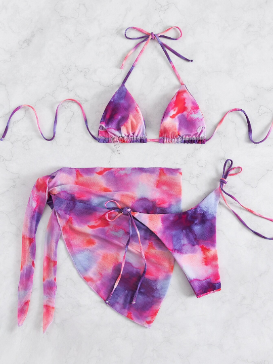 Swim Vcay Tie Dye Bikini Set Halter Triangle Bra Top & Tie Side Bikini Bottom & Cover Up Skirt 3 Piece Bathing Suit