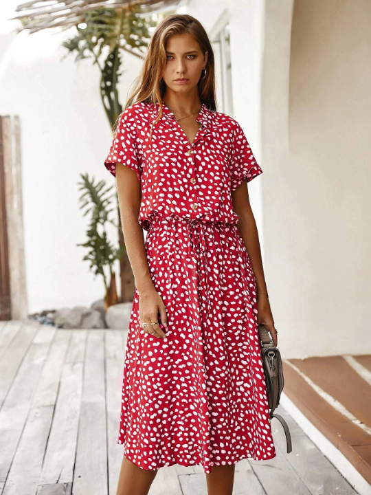 LUNE Dalmatian Print Drawstring Waist A-line Dress