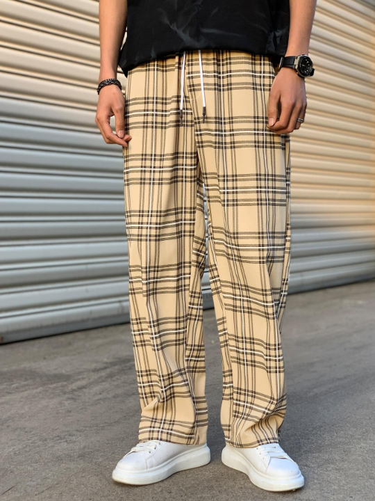 Manfinity Hypemode Loose Men's Plaid Pattern Drawstring Waist Pants