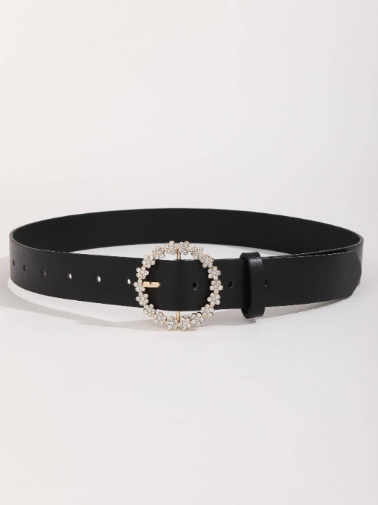 1pc Casual Black Rhinestone Decor Round Buckle Women Belt Girdle With Punch Tool Elegant