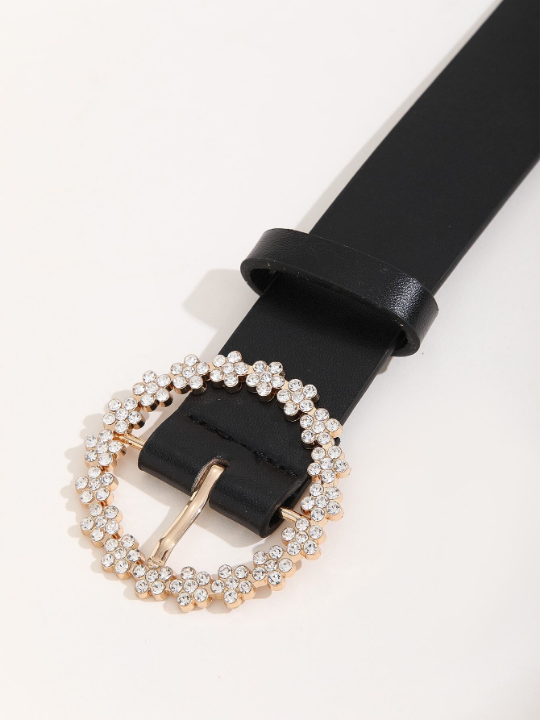 1pc Casual Black Rhinestone Decor Round Buckle Women Belt Girdle With Punch Tool Elegant