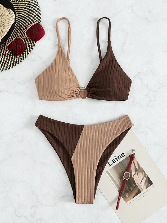 Swim Vcay Colorblock Ribbed Bikini Set Ring Linked Cami Bra & Bikini Bottom 2 Piece Bathing Suit