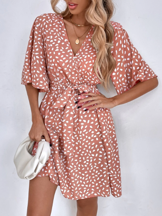 VCAY Allover Print Butterfly Sleeve Belted Dress