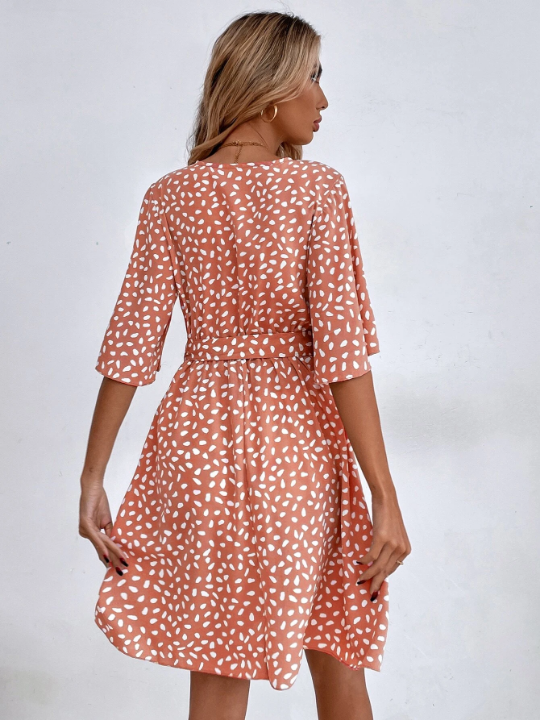 VCAY Allover Print Butterfly Sleeve Belted Dress