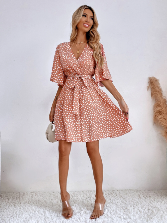 VCAY Allover Print Butterfly Sleeve Belted Dress