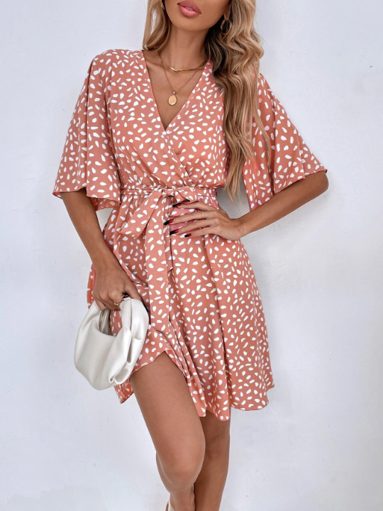 VCAY Allover Print Butterfly Sleeve Belted Dress