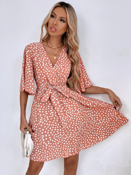 VCAY Allover Print Butterfly Sleeve Belted Dress