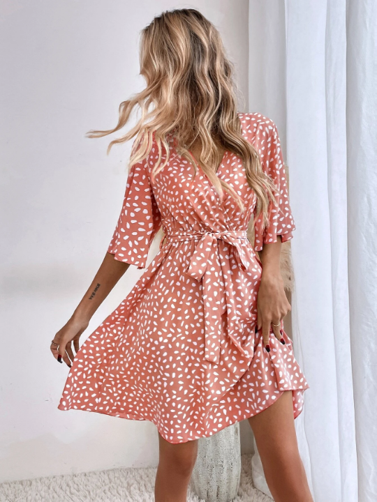 VCAY Allover Print Butterfly Sleeve Belted Dress