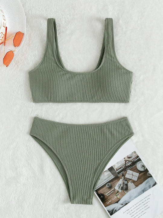 Swim Basics Ribbed Bikini Set Tank Top & Bikini Bottom 2 Piece Bathing Suit