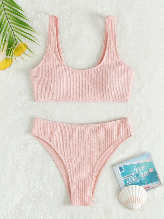 Swim Basics Ribbed Bikini Set Tank Top & Bikini Bottom 2 Piece Bathing Suit