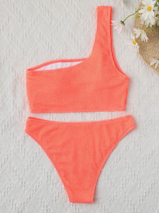 Swim Vcay Textured Bikini Set One Shoulder Bra & Cheeky Bottom 2 Piece Bathing Suit