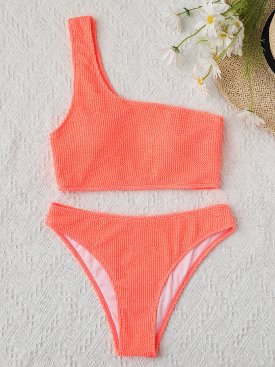 Swim Vcay Textured Bikini Set One Shoulder Bra & Cheeky Bottom 2 Piece Bathing Suit