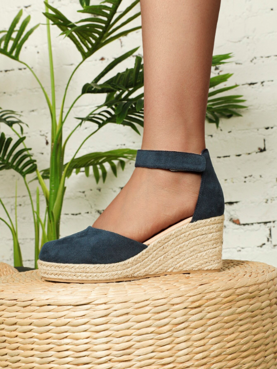 Ankle Strap Espadrille Suedette Wedge Court Shoes