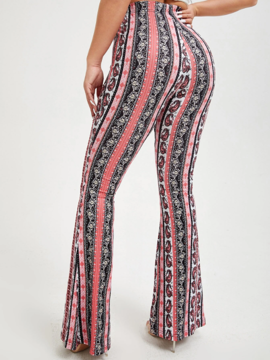 SXY Floral & Paisley Print Knot Front Flare Leg Pants