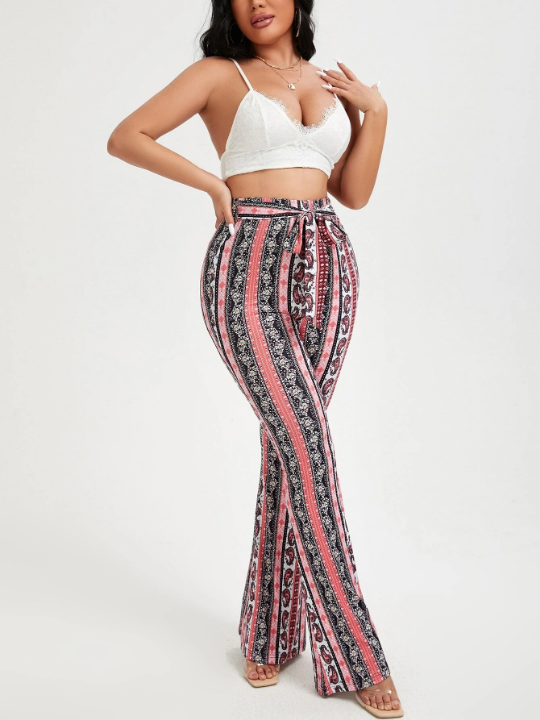 SXY Floral & Paisley Print Knot Front Flare Leg Pants