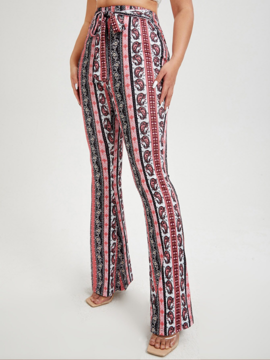 SXY Floral & Paisley Print Knot Front Flare Leg Pants