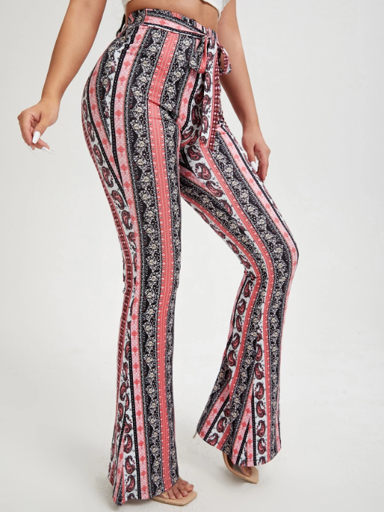 SXY Floral & Paisley Print Knot Front Flare Leg Pants