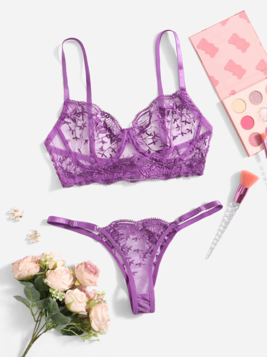 Classic Sexy Embroidered Mesh Underwire Lingerie Set
