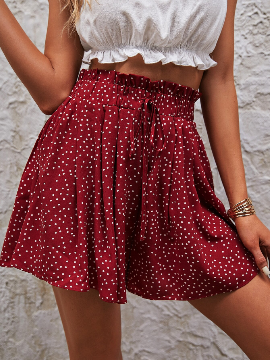 Frenchy Polka Dot Paper Bag Waist Knot Front Shorts