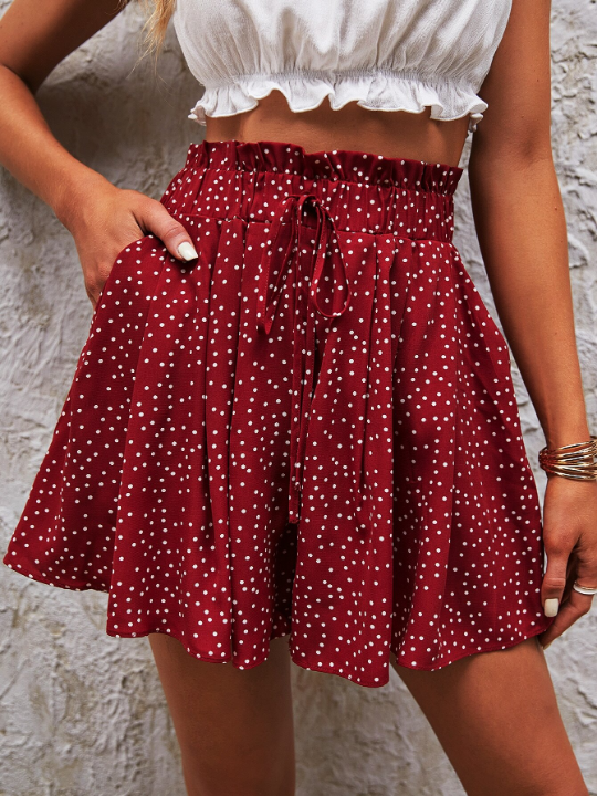 Frenchy Polka Dot Paper Bag Waist Knot Front Shorts