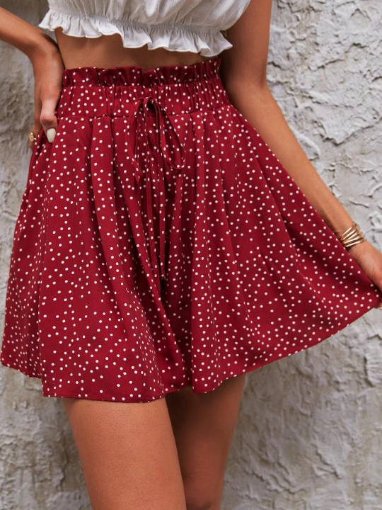 Frenchy Polka Dot Paper Bag Waist Knot Front Shorts