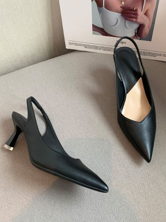 Stiletto Heeled Slingback Pumps, Black Elegant Solid Color Open Heeled Shoes