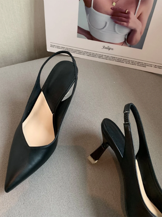 Stiletto Heeled Slingback Pumps, Black Elegant Solid Color Open Heeled Shoes