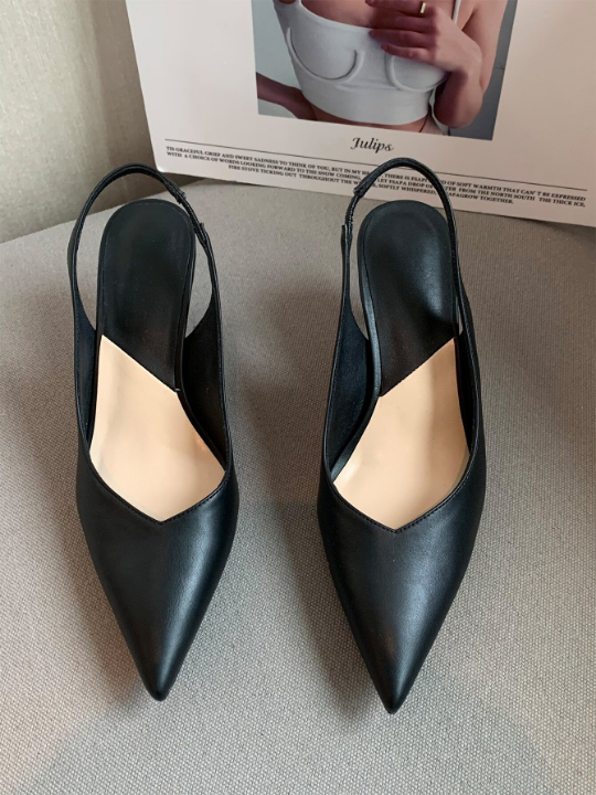 Stiletto Heeled Slingback Pumps, Black Elegant Solid Color Open Heeled Shoes