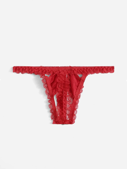 Bow Contrast Lace Crotchless Thong