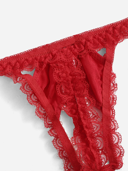 Bow Contrast Lace Crotchless Thong