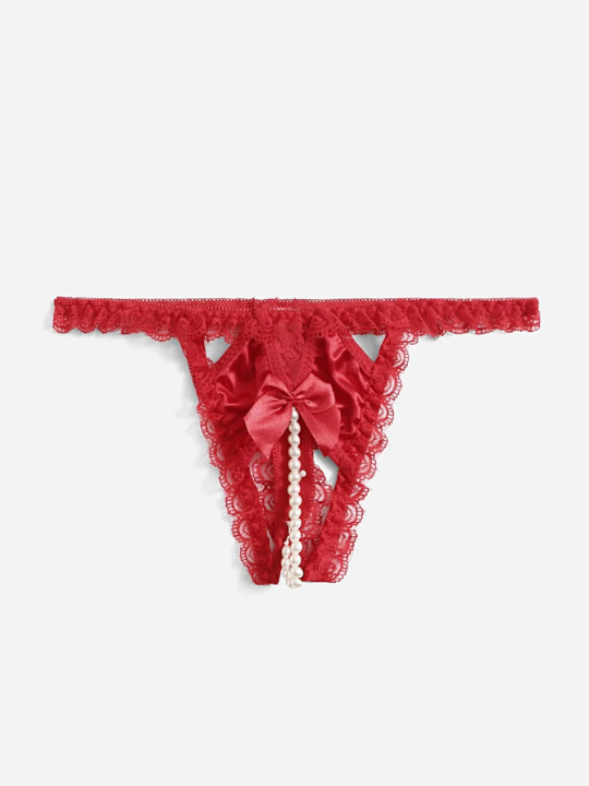 Bow Contrast Lace Crotchless Thong
