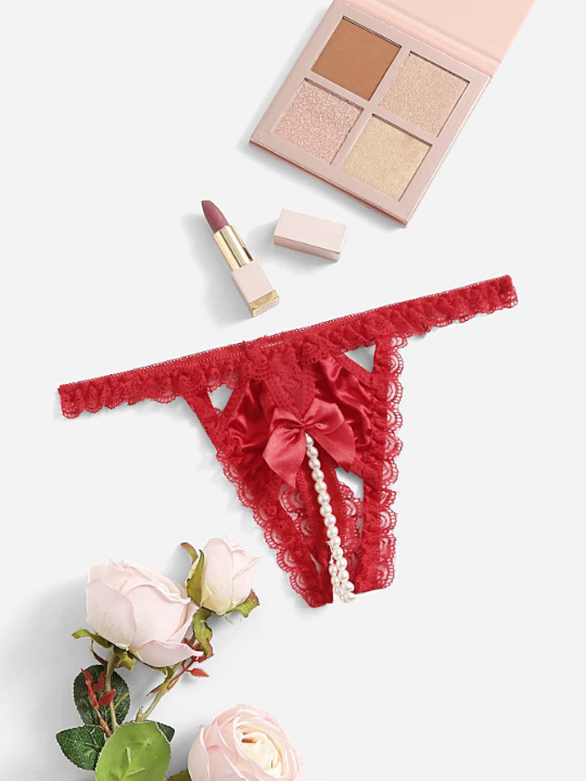 Bow Contrast Lace Crotchless Thong