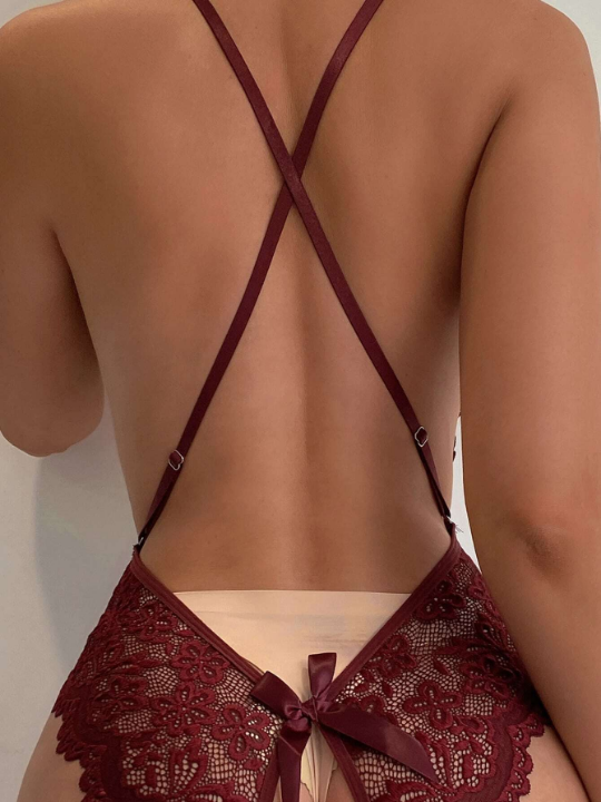 Classic Sexy Floral Lace Scallop Trim Crotchless Teddy Bodysuit