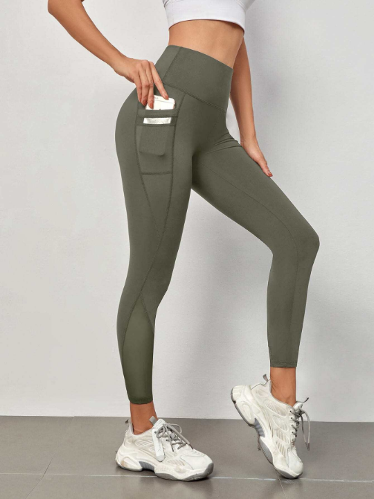 Yoga Futuristic Wide Waistband Phone Pocket Mesh Insert Top-stitching Sports Leggings