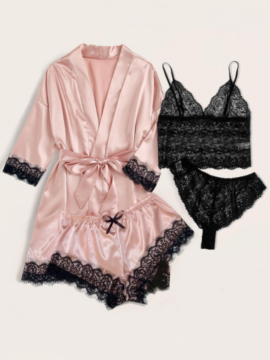 Classic Sexy 4pack Floral Lace Lingerie Set With Satin Belted Robe