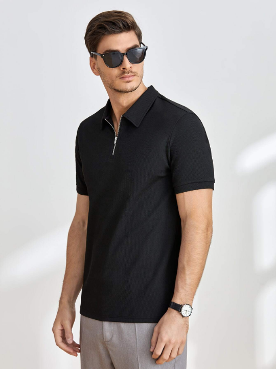 Manfinity Homme Men Quarter Zip Ribbed Knit Polo Shirt