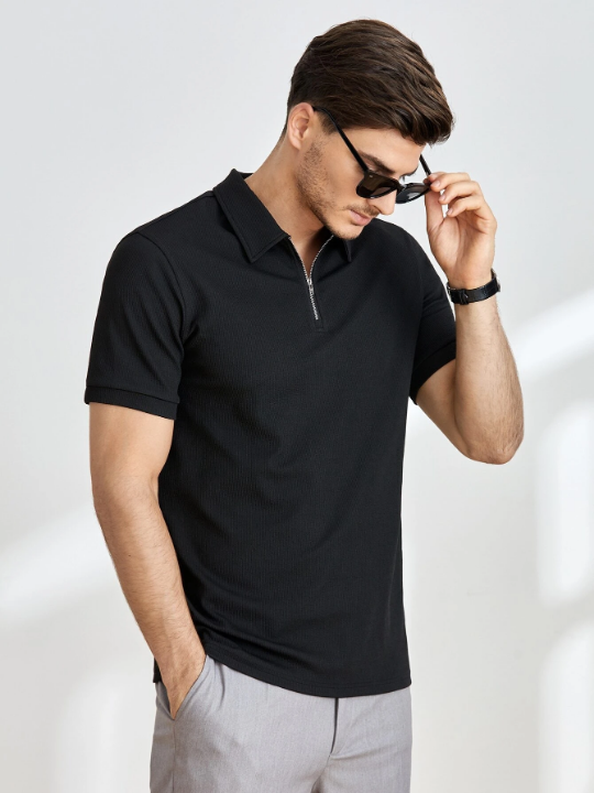 Manfinity Homme Men Quarter Zip Ribbed Knit Polo Shirt